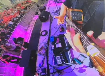 View through Shaun Hopper's guitar-mounted camera during a BayCare Sound performance