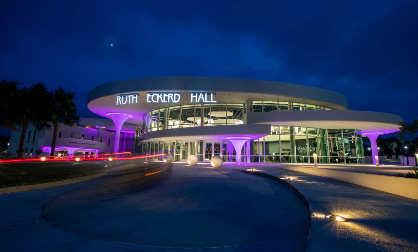 Ruth Eckerd Hall illuminated at night