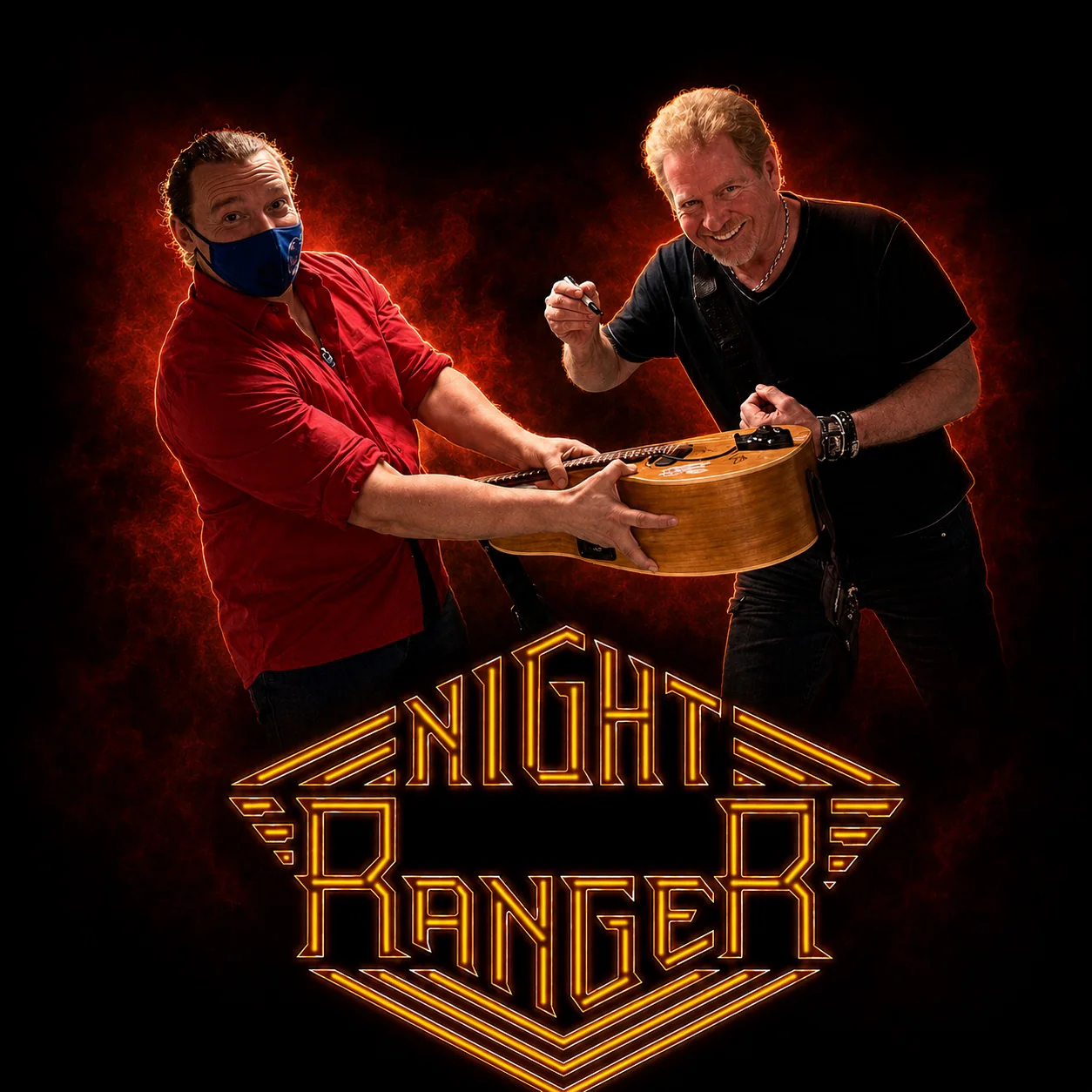 Shaun Hopper sharing a signed-guitar moment during his Night Ranger chapter